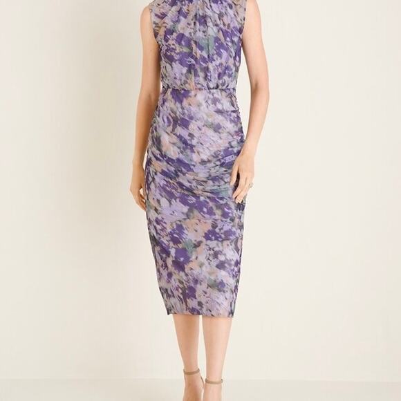 Chicos Womens Dress Purple Size 1/ Medium Ruched Mesh Mock Neck Sleeveless Midi - Picture 1 of 10